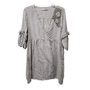 ZARA Embroidered Beaded Puff Sleeve Dress ,Large, Front Hidden Pockets